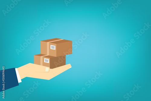 Delivery person hand holding two cardboard boxes, showcasing typical package delivery scenario.