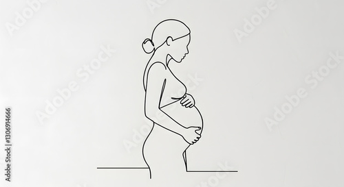 A minimalist, black single line drawing of a pregnant woman