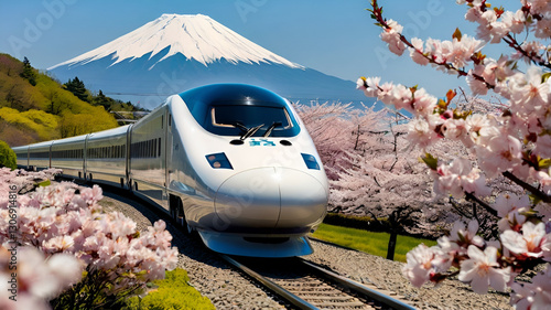 A modern bullet train (Shinkansen) speeding past a row of cherry blossom trees in full bloom, with Mount Fuji in the background.