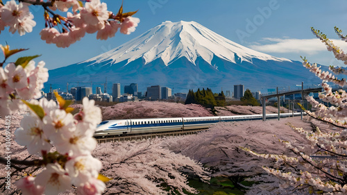 A modern bullet train (Shinkansen) speeding past a row of cherry blossom trees in full bloom, with Mount Fuji in the background.
