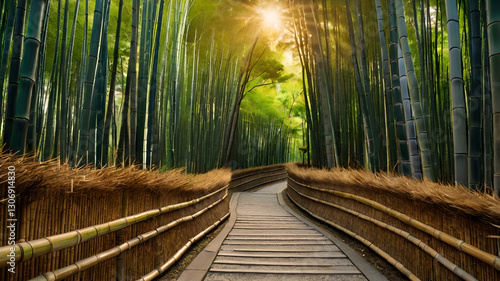 A mysterious and enchanting path through the Arashiyama Bamboo Forest, with golden sunlight filtering through the towering green bamboo.