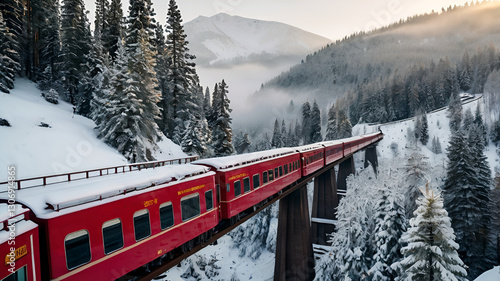 A red train crossing a snowy mountain bridge, surrounded by pine trees covered in white snow, with a misty sunrise in the background.