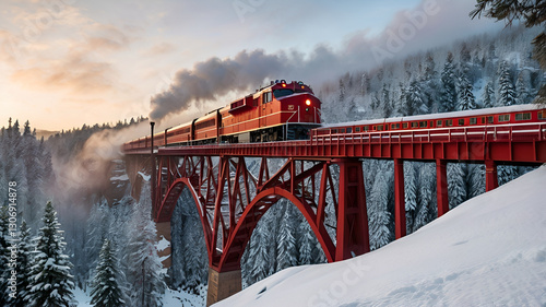 A red train crossing a snowy mountain bridge, surrounded by pine trees covered in white snow, with a misty sunrise in the background.
