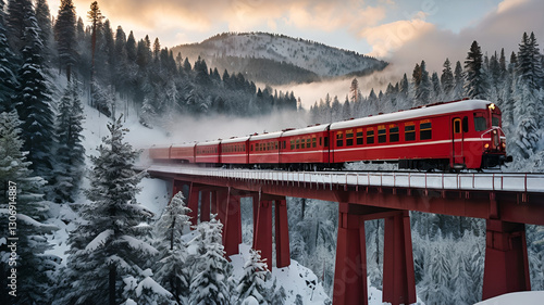 A red train crossing a snowy mountain bridge, surrounded by pine trees covered in white snow, with a misty sunrise in the background.