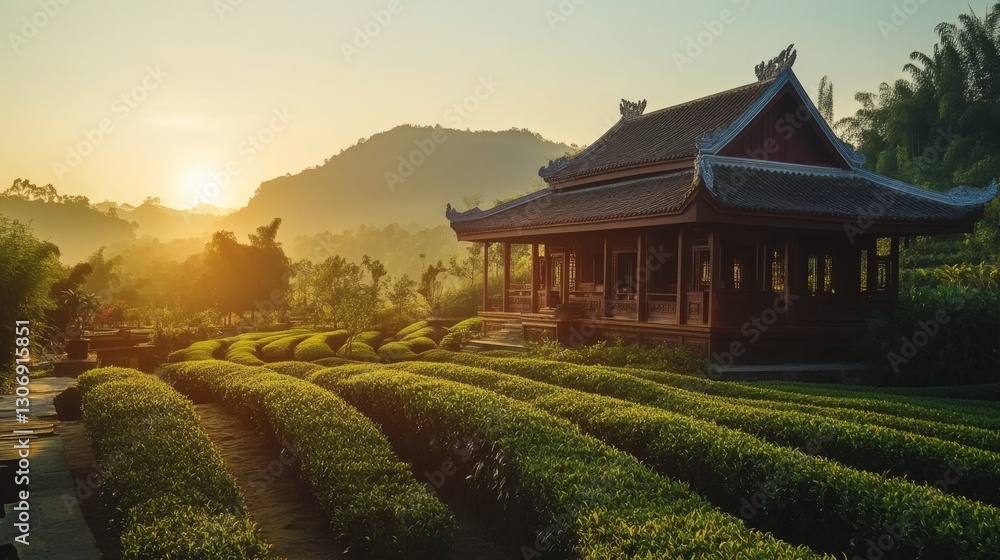 Serene Sunrise Over Traditional Pavilion in Lush Green Landscape Serene Sunrise Over Traditional Pavilion in Lush Green Landscape