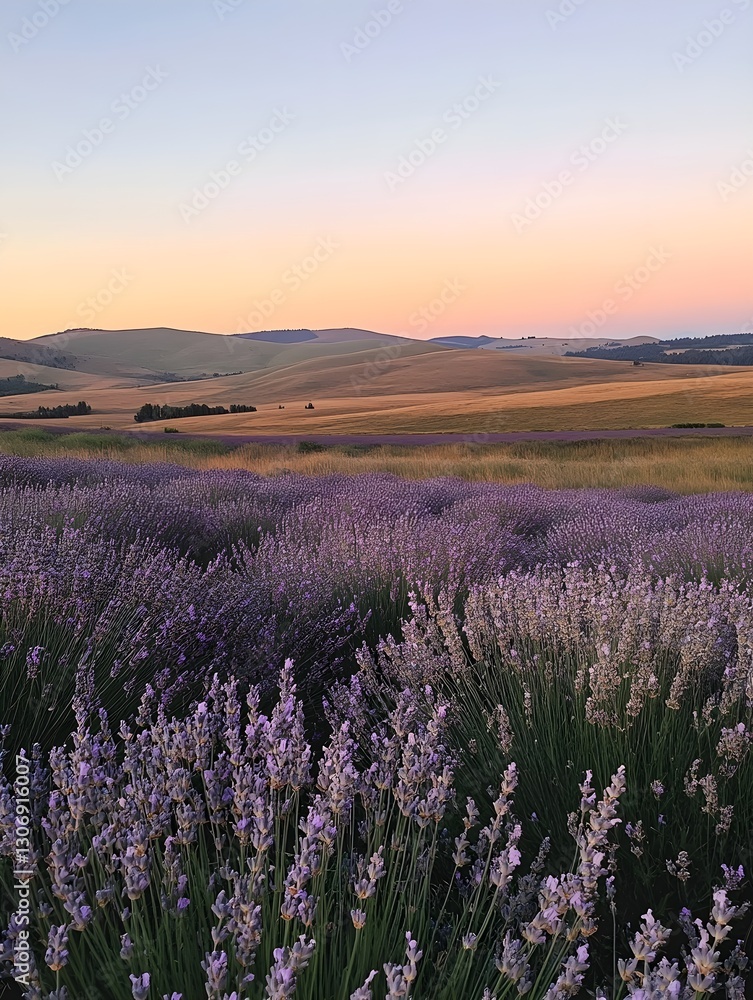 Fototapeta premium a vast lavender field in full bloom at sunset, with rolling hills in the background.