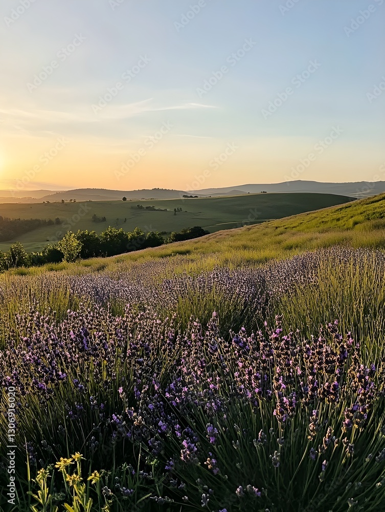 Obraz premium a vast lavender field in full bloom at sunset, with rolling hills in the background.