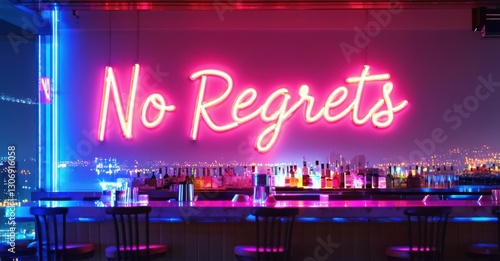 Neon sign no regrets cyber red cool white floating rooftop bar reflecting hues sleek high top tables city skyline views