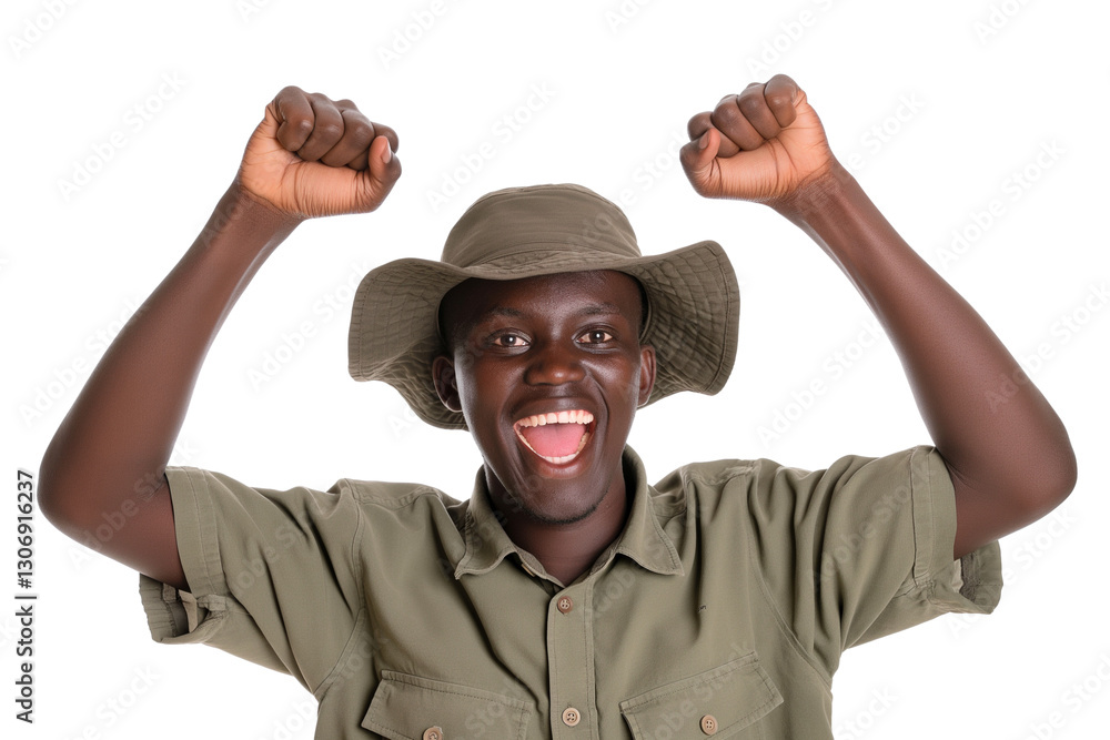 Excited young Tanzanian male safari guide in khaki hat isolated on transparent white background Excited young Tanzanian male safari guide in khaki hat isolated on transparent white background