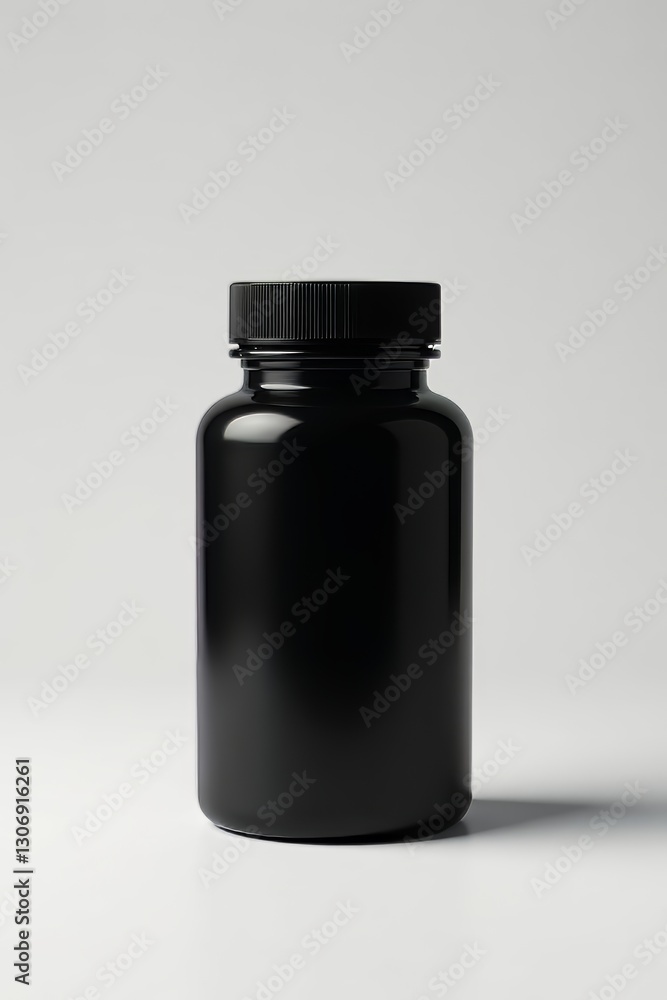 Empty black plastic supplement bottle with cap, isolated , vessel, black bottle, packaging Empty black plastic supplement bottle with cap, isolated , vessel, black bottle, packaging
