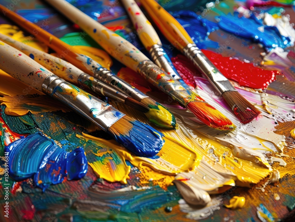 Vibrant palette with paintbrushes showcasing artistic creation and colorful hues Vibrant palette with paintbrushes showcasing artistic creation and colorful hues