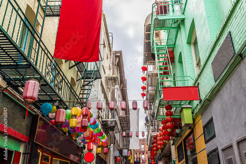 A view of a decorated narrow alley  in Chinatown  in San Francisco in early springtime