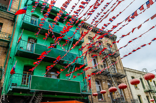 A view skyward in a decorated street  in Chinatown  in San Francisco in early springtime