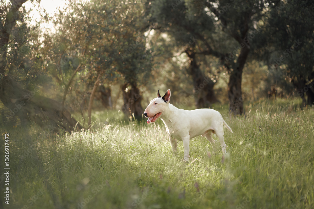 Obraz premium A bull terrier walks through a grassy field, sniffing the ground. The dog enjoys exploring the outdoors in the warmth of the sun.