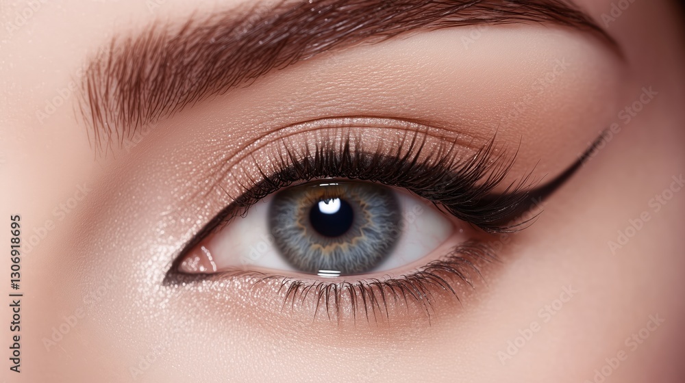 Obraz premium Intricate makeup details enhance the eye’s beauty, with voluminous lashes and sharp eyeliner creating a captivating, high-fashion look.