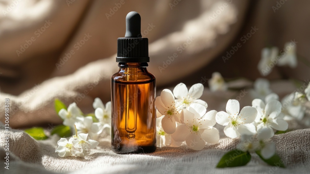 Essential Oil Bottle with Dropper Surrounded by White Flowers on Linen Essential Oil Bottle with Dropper Surrounded by White Flowers on Linen