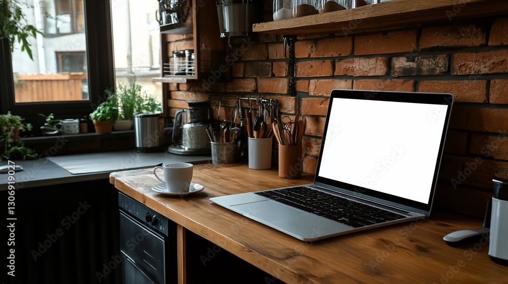 Laptop on Rustic Kitchen Counter with Coffee Laptop on Rustic Kitchen Counter with Coffee