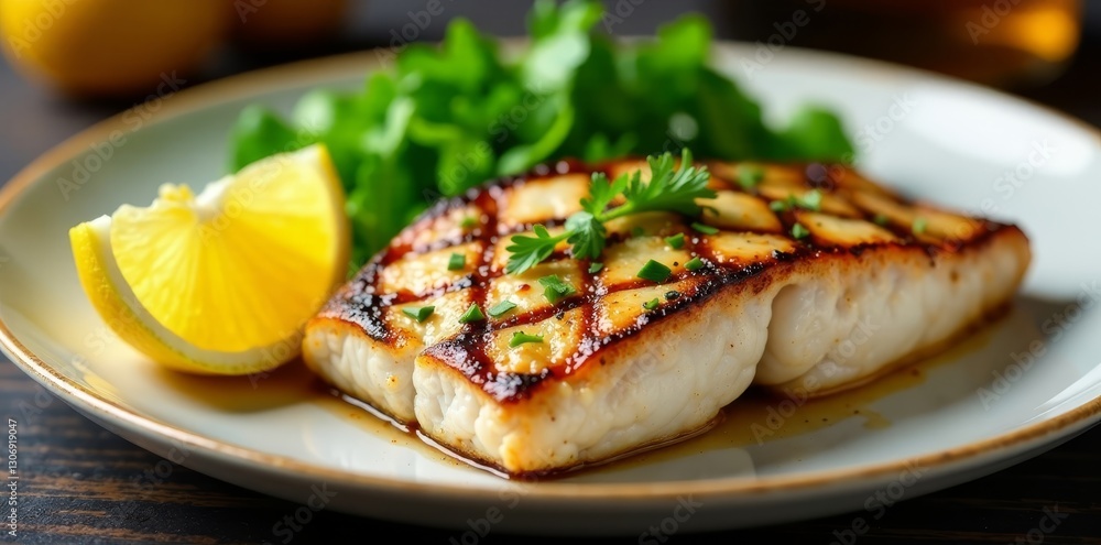 Grilled swordfish steak, steamed veggies, lemon , lemon, white plate, food Grilled swordfish steak, steamed veggies, lemon , lemon, white plate, food