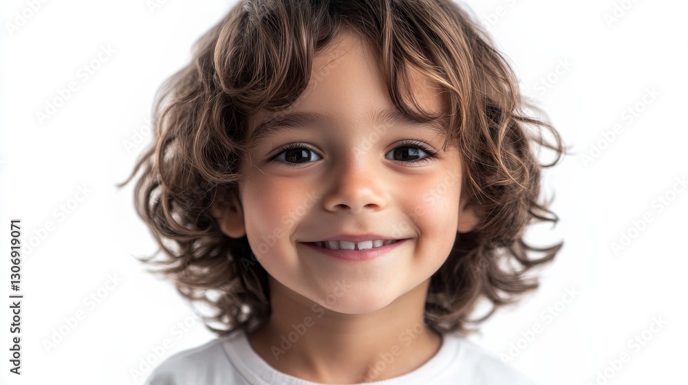 Curly haired child smiles on white background Curly haired child smiles on white background