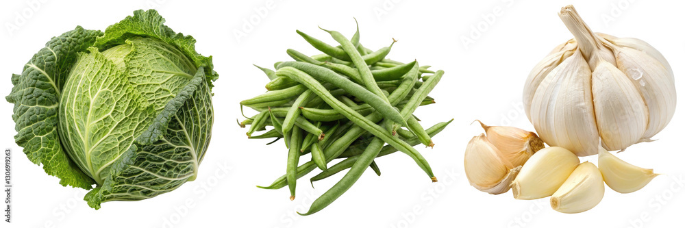 Fresh vegetables including cabbage, green beans, and garlic on a black background. Fresh vegetables including cabbage, green beans, and garlic on a black background.