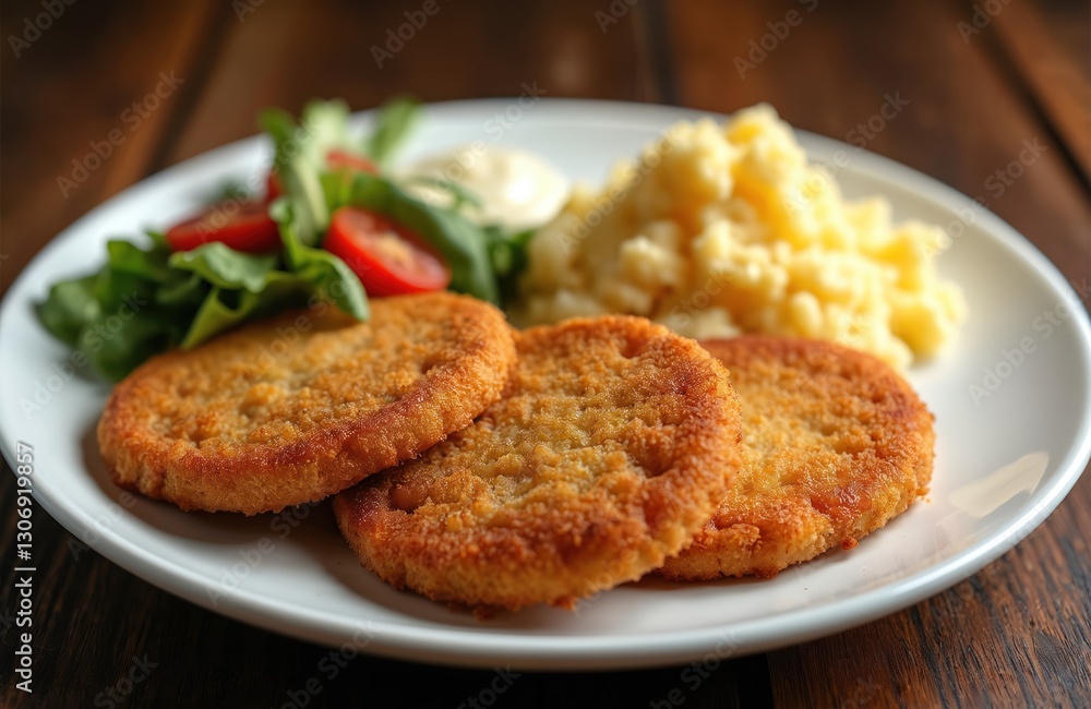 Three golden breaded cutlets with mashed potatoes and salad on white plate, served as a main course. Crispy crust, succulent texture. Traditional cuisine, comfort food. Tasty lunch or dinner meal. Three golden breaded cutlets with mashed potatoes and salad on white plate, served as a main course. Crispy crust, succulent texture. Traditional cuisine, comfort food. Tasty lunch or dinner meal.