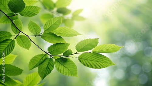 Fresh Green Leaves on Tree Branch with Sunlight in Nature Background