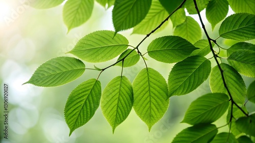Fresh Green Leaves on Tree Branch with Sunlight in Nature Background