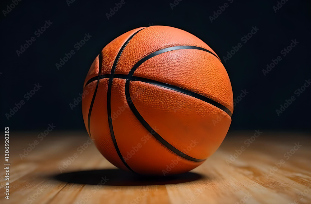 Obraz premium Orange basketball ball with brown stripes showned close-up on dark background. Ball lies on brown floor