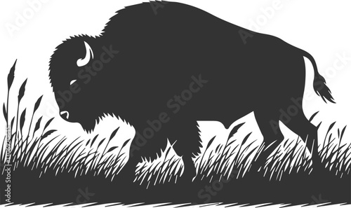 Buffalo walking through tall grass, barely visible animal vector silhouette