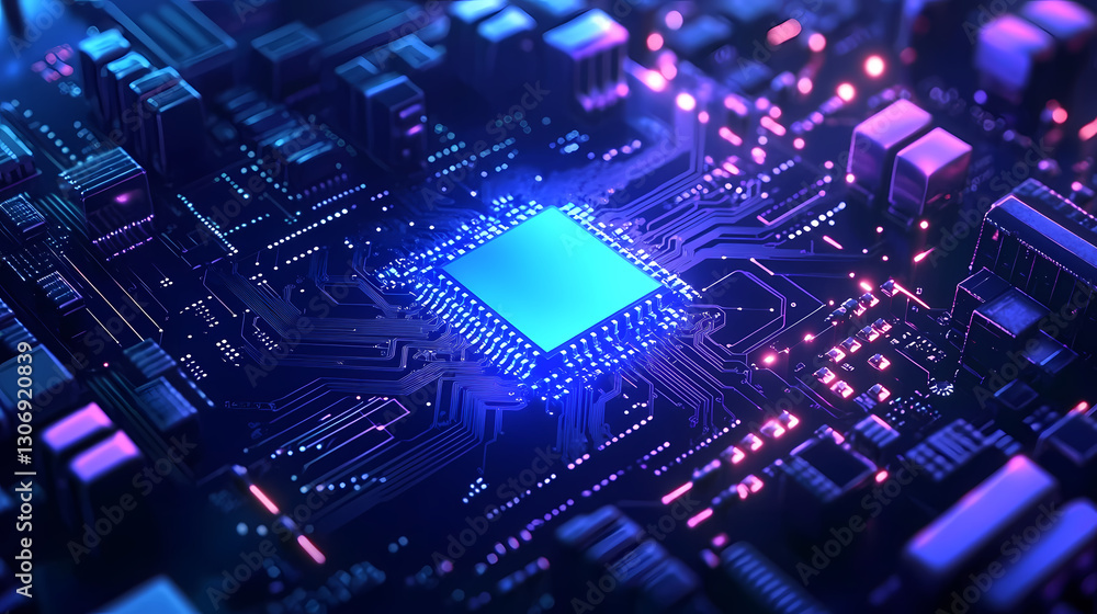 Glowing Blue Chip on Circuit Board with Pink and Purple Lights Glowing Blue Chip on Circuit Board with Pink and Purple Lights