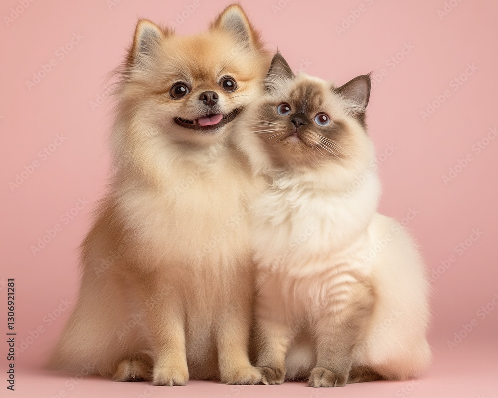 Fluffy Pomeranian and Ragdoll cat pose together Fluffy Pomeranian and Ragdoll cat pose together