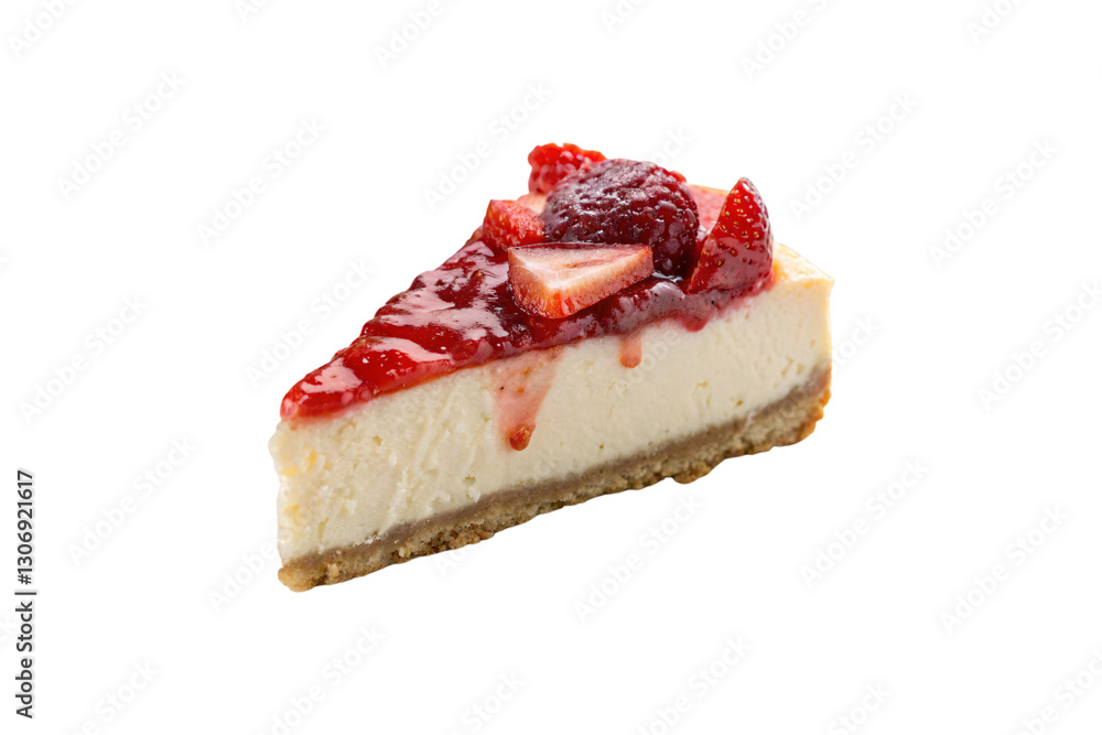 A luscious slice of cheesecake with a golden graham cracker crust, topped with a glossy strawberry sauce and fresh sliced strawberries, isolated on a transparent background A luscious slice of cheesecake with a golden graham cracker crust, topped with a glossy strawberry sauce and fresh sliced strawberries, isolated on a transparent background