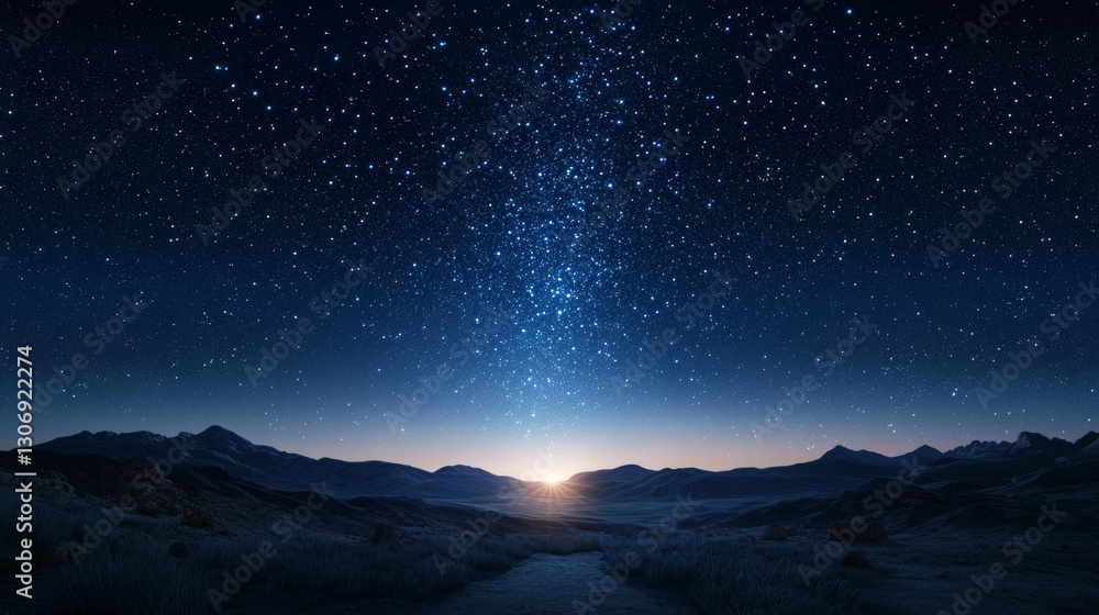 Fototapeta premium Starry night sky over distant mountains at dawn