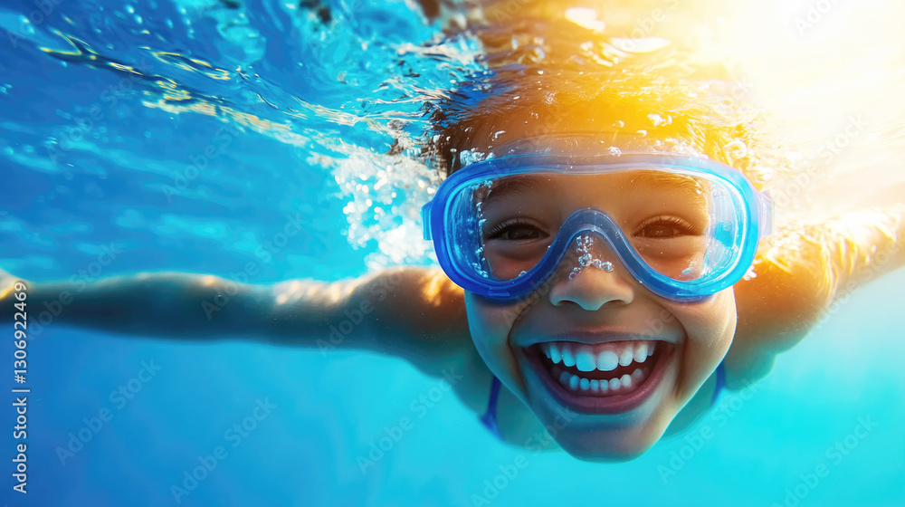 Naklejka premium Joyful toddler learning to swim underwater in a blue pool, embracing water fun and playful summer adventures
