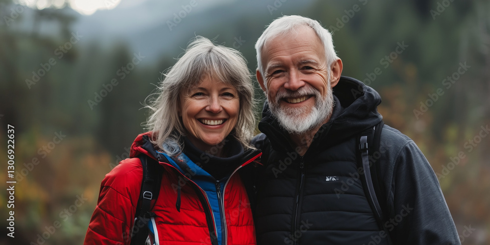 Smiling senior couple hiking in the forest, dressed in warm outdoor gear. Active lifestyle, adventure, and travel for middle-aged and older adults who love nature and exploration Smiling senior couple hiking in the forest, dressed in warm outdoor gear. Active lifestyle, adventure, and travel for middle-aged and older adults who love nature and exploration