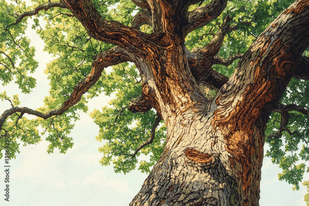 Fototapeta premium A detailed illustration of the Bitternut hickory tree, emphasizing its distinctive bark and leaves.