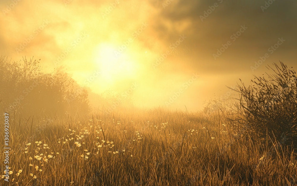Obraz premium Golden Sunrise Over A Misty Spring Field