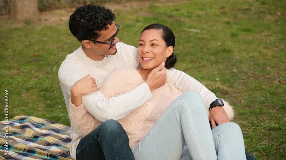 Happy couple enjoying a romantic date outdoors, sitting on a blanket in a park, holding a smartphone and looking at each other