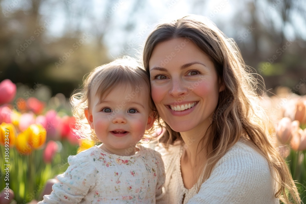 Fototapeta premium Mother and daughter smiling in a field of tulips