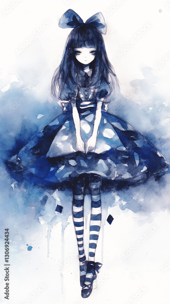 Obraz premium 青いリボンの黒髪美少女 アリス風水彩ポートレート