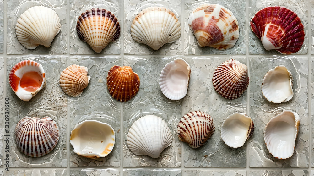 Seashells arranged on tiled surface, ocean background, decorative home decor Seashells arranged on tiled surface, ocean background, decorative home decor