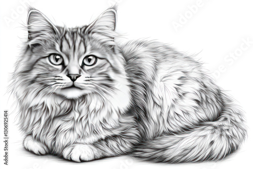 Wallpaper Mural A detailed black and white graphic illustration of a fluffy cat. The cat lies with its paws folded and looks forward intently, creating a sense of calm and grace.   Torontodigital.ca