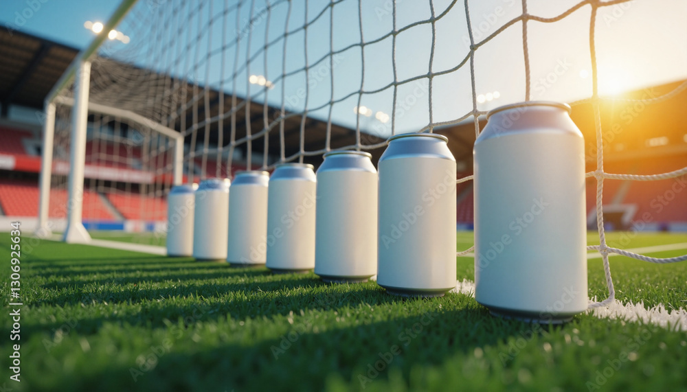 Fototapeta premium Lined-up metal beverage containers on a sports field, advertising concept