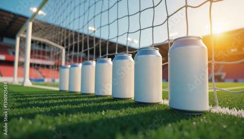 Lined-up metal beverage containers on a sports field, advertising concept