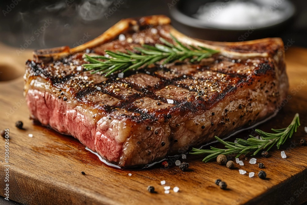 Perfectly seared ribeye steak sits on a rustic wooden cutting board, seasoned with salt and pepper, and garnished with fresh rosemary Generative AI Perfectly seared ribeye steak sits on a rustic wooden cutting board, seasoned with salt and pepper, and garnished with fresh rosemary Generative AI