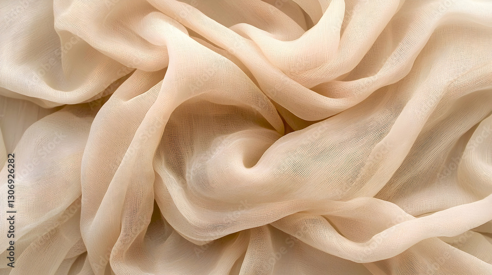 Obraz premium Draped beige fabric texture, soft folds, studio shot, background blurred, ideal for fashion design