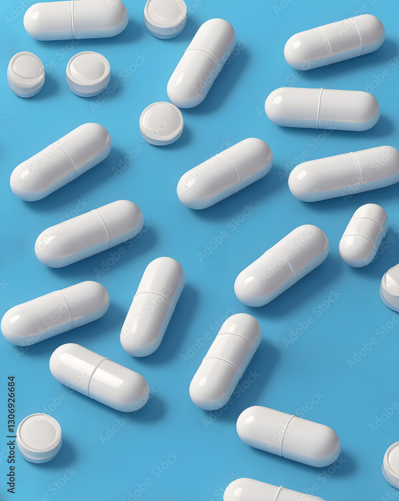 a close-up shot of multiple white pills, capsules, and tablets scattered on a blue surface a close-up shot of multiple white pills, capsules, and tablets scattered on a blue surface