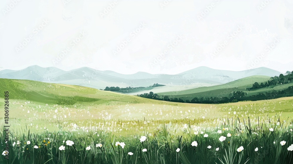 Fototapeta premium A serene painted landscape showing rolling hills and fields of flowers