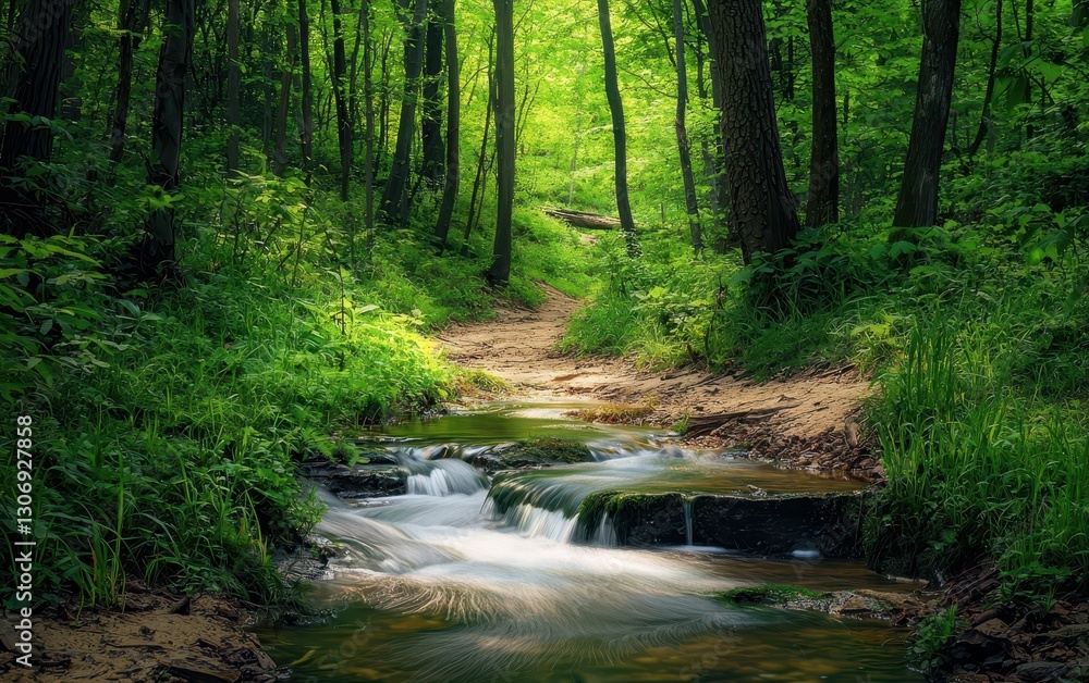 Obraz premium Small Spring Streams Flowing Through A Forest Path