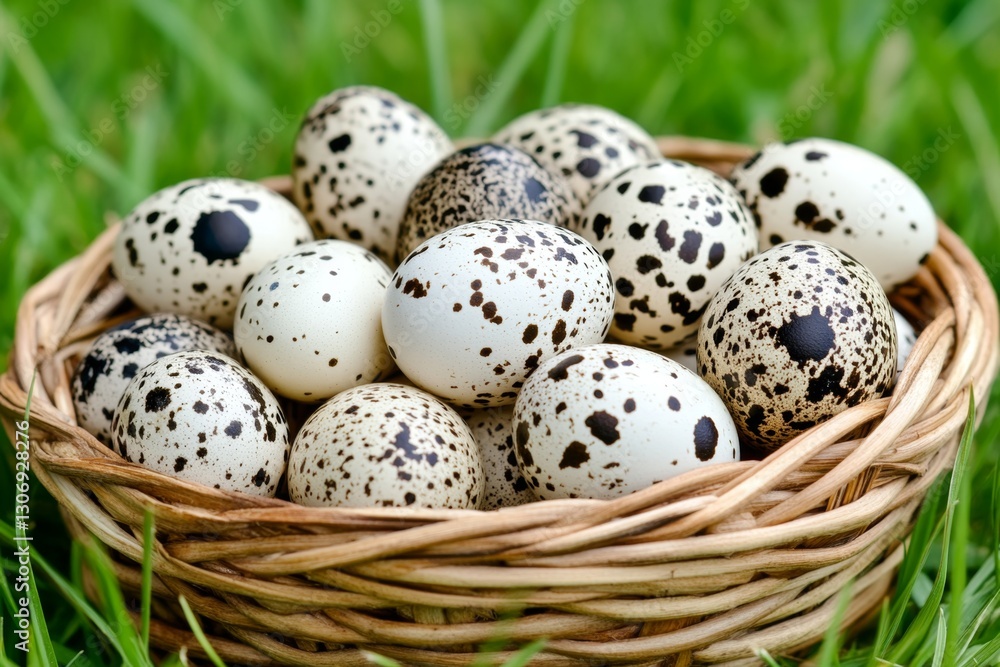 A basket filled with fresh quail eggs, their speckled shells resting on a bed of straw A basket filled with fresh quail eggs, their speckled shells resting on a bed of straw